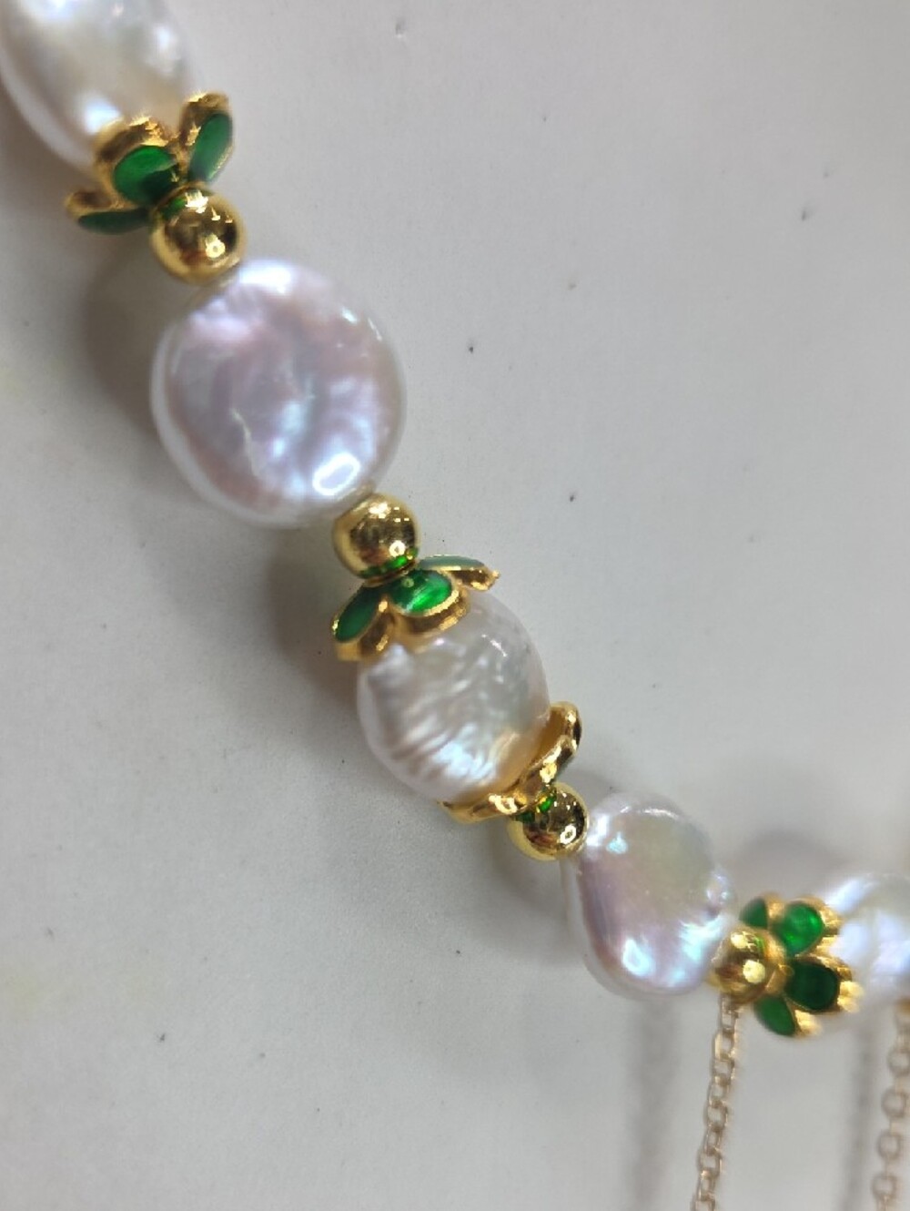 Freshwater Pearl and Green Enamel Flower Accent Necklace & Earring Set 925 - Picture 6 of 7